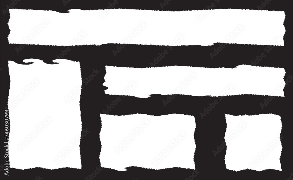 Jagged shapes, ripped paper set. Torn rectangle frames with jagged edges, textured grunge elements. Black silhouettes, vector illustration isolated in background