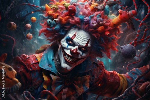 a clown with colorful hair and a red and blue wig