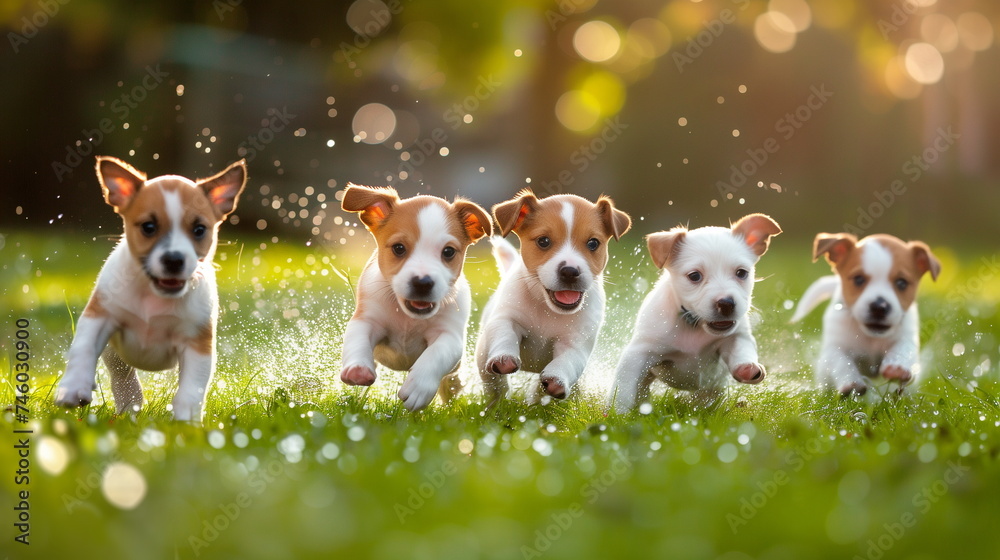 A group of small puppies run joyfully across a grassy field, with water droplets and sunlight sparkling around them A group of small puppies run joyfully across a grassy field, with water droplets and sunlight sparkling around them