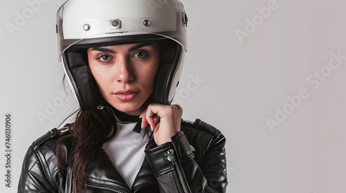 Female motorcycle rider posing with a white helmet