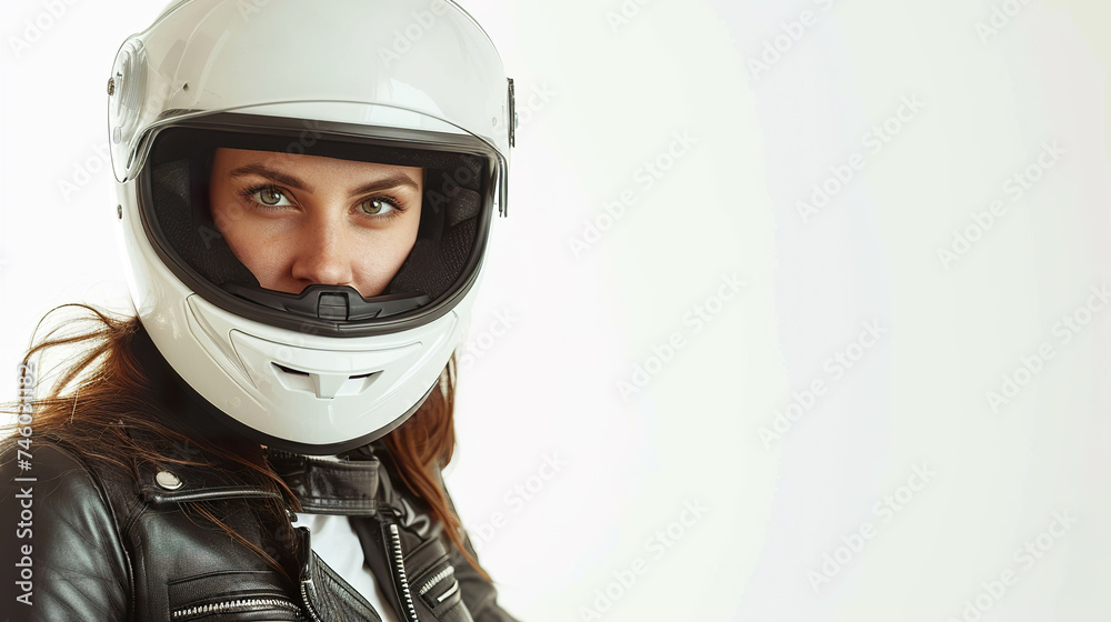 Female motorcycle rider posing with a white helmet Female motorcycle rider posing with a white helmet