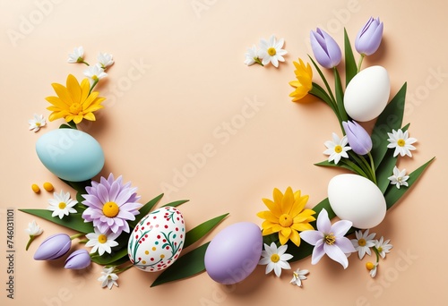 Colorful Easter Eggs Amidst Spring Flowers on Pastel Background with copy space