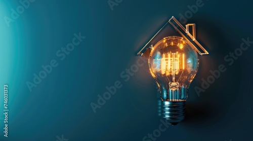 Our image features a light bulb with a filament forming a house icon on a blue background-conveying the idea of creative home solutions and innovation in the housing sector photo