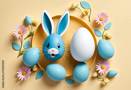 Colorful Easter Bunny Egg and Eggs with Spring Flowers Illustration