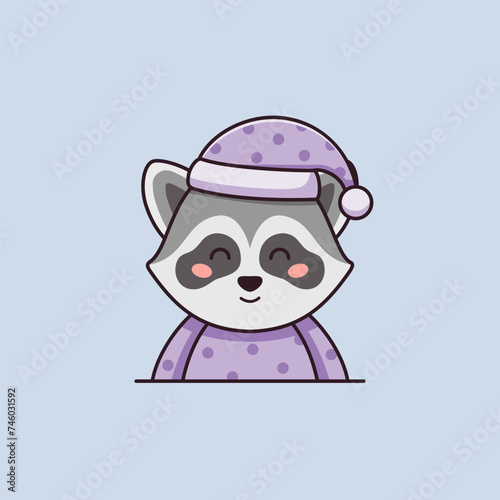 Cute little raccoon in pajama and night cap in cartoon style. Vector flat illustration