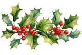 Watercolor vector Christmas decor element with holly leaves branches and empty space isolated background