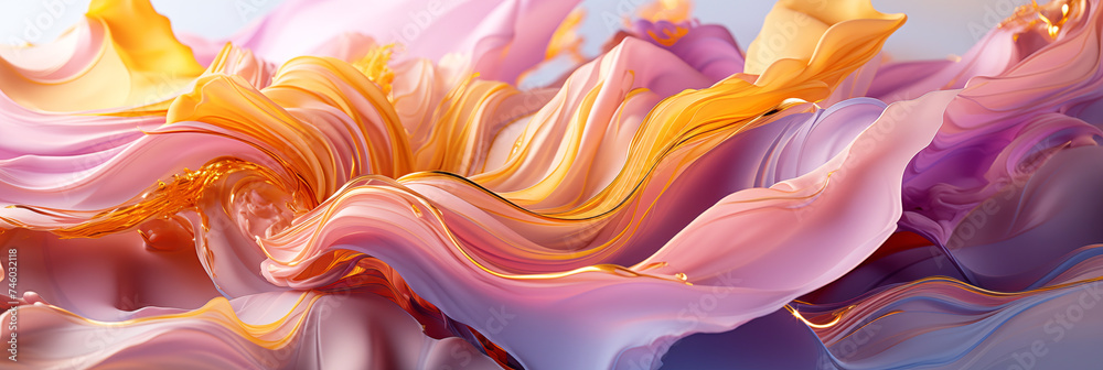 Obraz premium Abstract painting featuring a mix of pink, purple, and gold hues, creating a vibrant and dynamic visual experience.