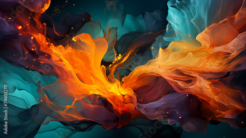 Striking explosion of vivid colors in motion, resembling a dynamic, abstract floral form. photo