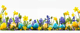 frise de bas de page sur le thème de Pâques avec fleurs de printemps et espace vide sur fond blanc pour texte.
