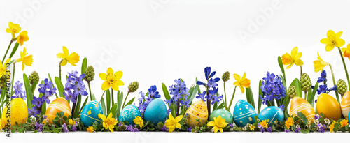 frise de bas de page sur le thème de Pâques avec fleurs de printemps et espace vide sur fond blanc pour texte. © Fox_Dsign