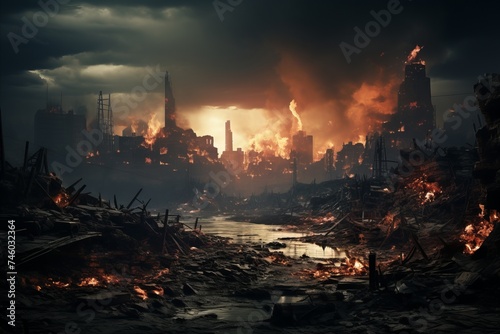 Fototapeta Naklejka Na Ścianę i Meble -  Apocalyptic scene with ruined city on fire.