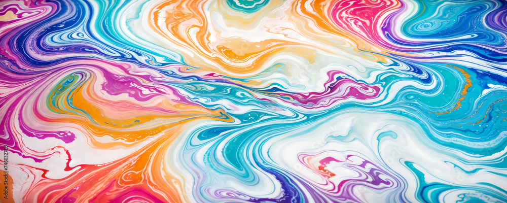 Abstract colorful bright vivid colors liquid acrylic paint motion flow on white background with swirls and paint explosions and drops.