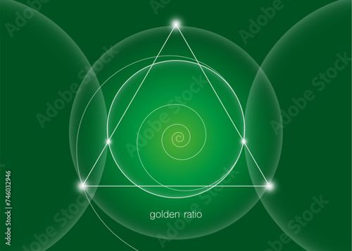 Golden Ratio, Fibonacci spiral, interlocking circles, triangles and spirals hipster sacred geometry illustration. White line vector isolated on green background.