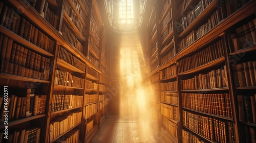 Majestic rays of sunlight beam through a stained glass window  illuminating the dusty shelves of ancient books in a historic library. Resplendent.