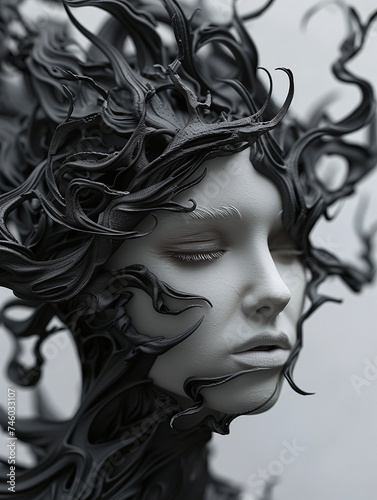Monochrome 3D sculpture of a female face with dynamic wavy hair texture on a plain background. Studio close-up of contemporary art piece. Abstract beauty and flow concept for wall art and modern desig
