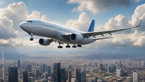 "Jetliner Soaring Through Cloudy Sky Over City in Realistic CG Art"