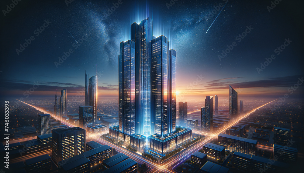 Futuristic high-rise building with smart glass and holographic signage.