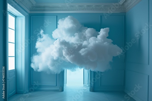A white fluffy cloud is entering a blue room. Concept of home atmosphere or indoor climate.