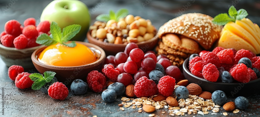 A healthy breakfast spread on a dark surface, featuring fresh fruits, nuts, and a sandwich, embodying a nutritious start to the morning