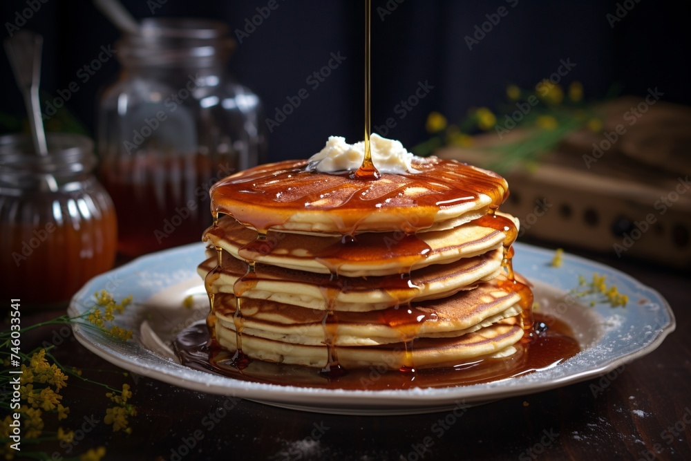 a stack of pancakes with butter and syrup on top a stack of pancakes with butter and syrup on top