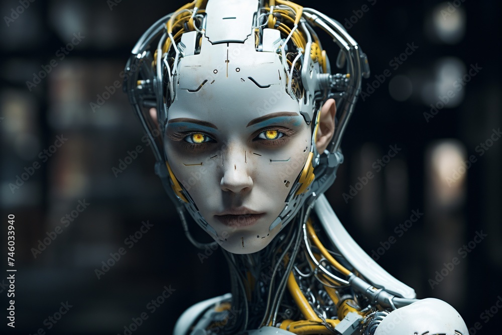 a woman with yellow eyes and metal wires a woman with yellow eyes and metal wires