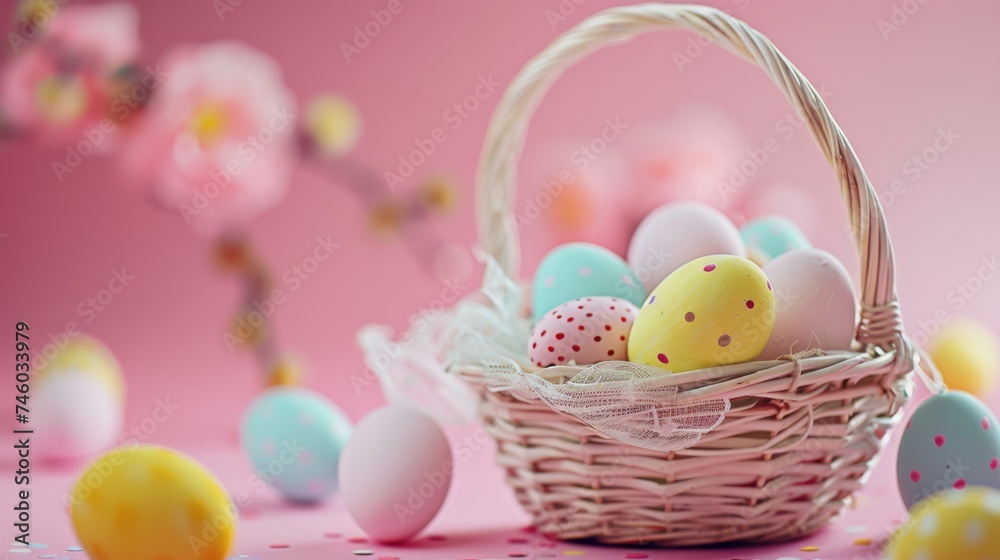 Naklejka premium Easter decoration colorful eggs in basket on pink background with copy space. Beautiful colorful easter eggs. Happy Easter. Isolated.