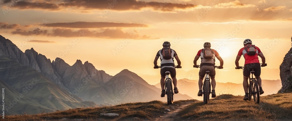 Obraz premium Exploring Majestic Peaks: Captivating Low-Angle Shot of Cross-Country Bikers Embarking on a Mountainous Adventure During the Sunset