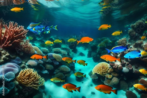 a picture of a vibrant coral reef teeming with colorful fish and marine life,