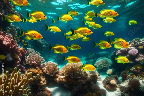 a picture of a vibrant coral reef teeming with colorful fish and marine life, © Rao