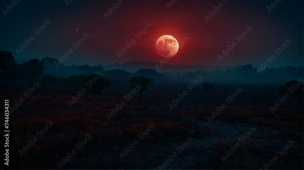 Mysterious Foggy Landscape under Blood Moon Mysterious Foggy Landscape under Blood Moon