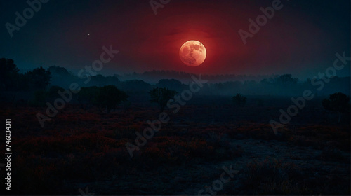 Mysterious Foggy Landscape under Blood Moon