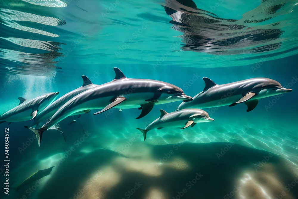 Fototapeta premium underwater scene depicting a pod of dolphins