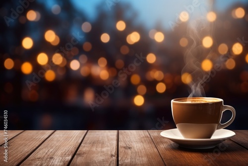 Cup of delicious coffee on a wooden table with copy space and bokeh lights