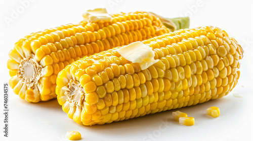 Boiled corn with butter on a WHITE background