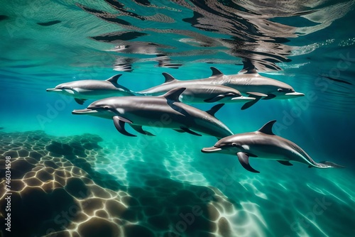 underwater scene depicting a pod of dolphins