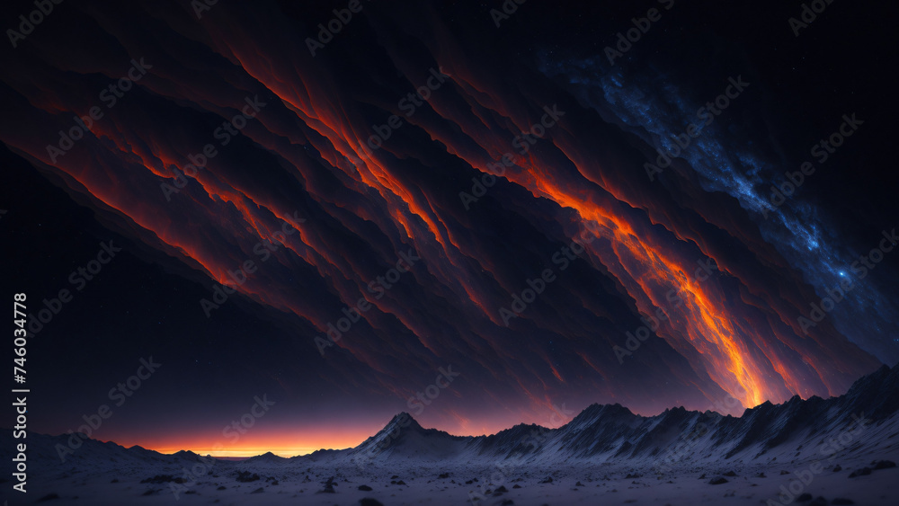 Fantastic winter nebula landscape with snow capped mountains at sunset