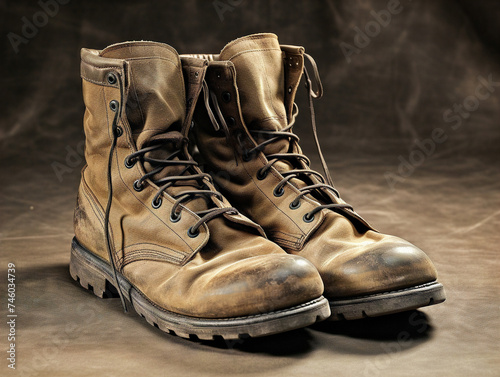 Close-up of a soldier's battle-worn and weathered combat boots, showing signs of wear and tear.
