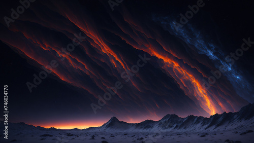 Fantastic winter nebula landscape with snow capped mountains at sunset