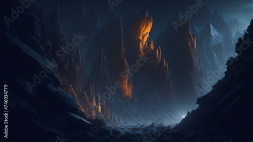 Fantasy alien planet, Mountain, deep valley, night photo