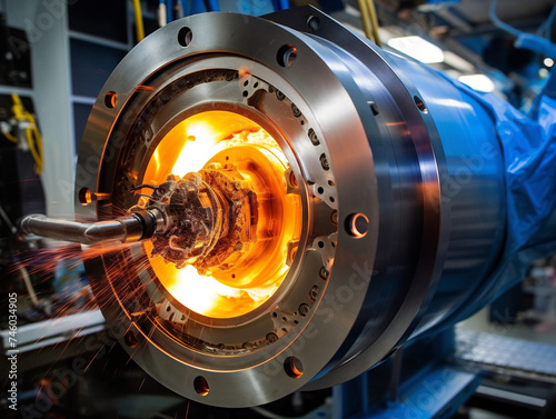Closeup of a space thruster being tested in a controlled environment for propulsion research. photo