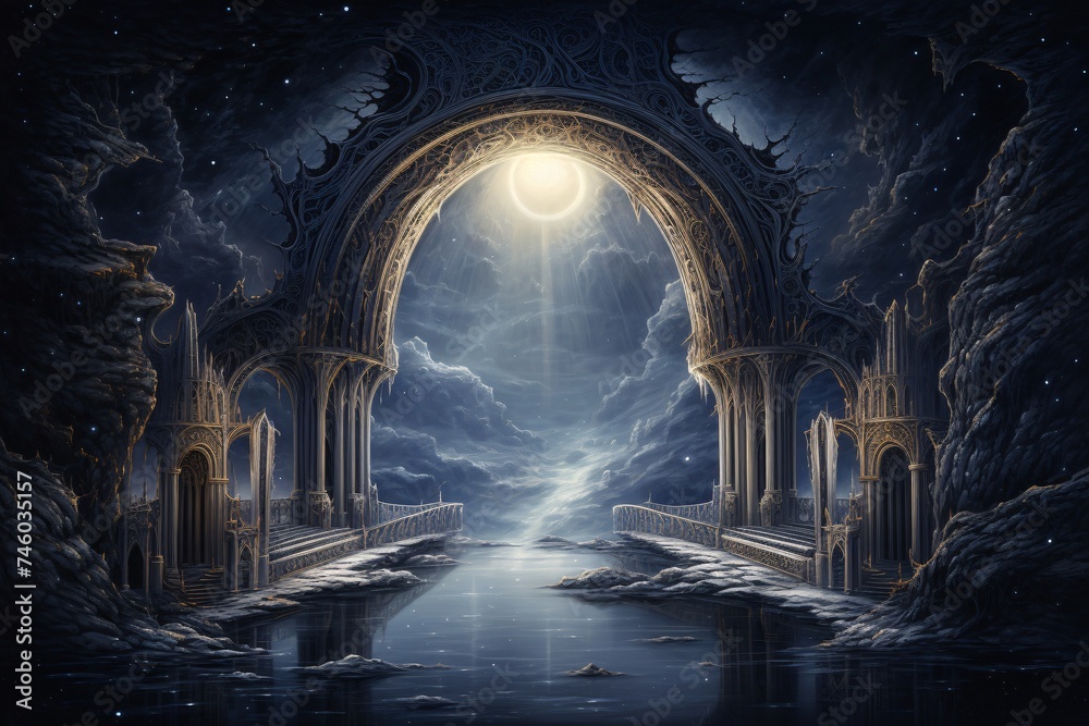 a large archway with columns and a bridge leading to a body of water