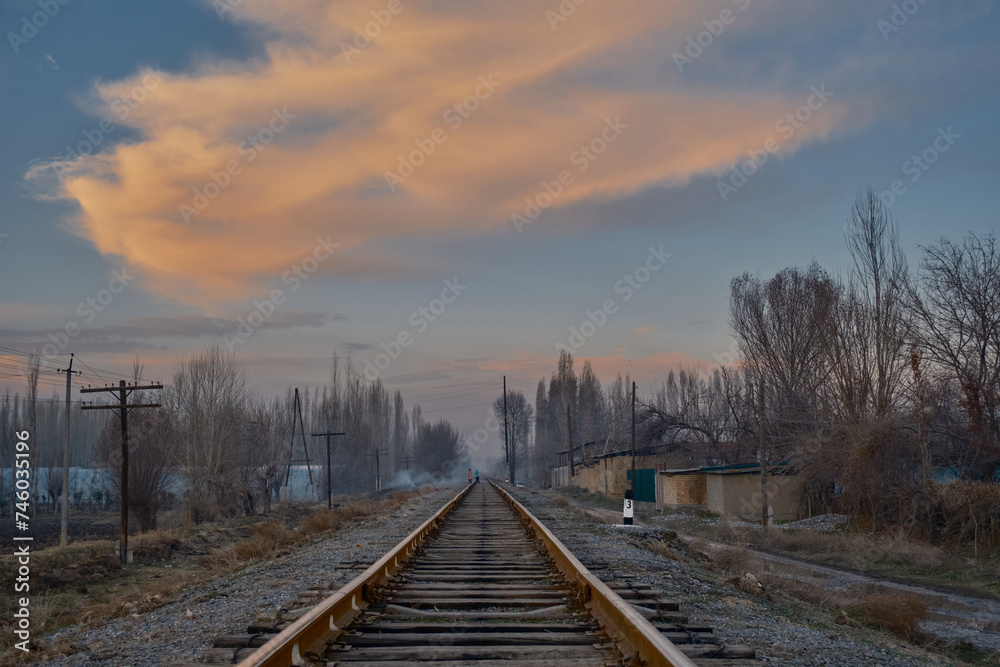 Fototapeta premium A railroad disappearing into the distance amidst fields in rural scenery, accompanied by old wooden electrical poles running alongside, against the backdrop of a sunset sky and distant light mist.