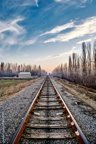 A railroad disappearing into the distance amidst fields in rural scenery, accompanied by old wooden electrical poles running alongside, against the backdrop of a sunset sky and distant light mist.