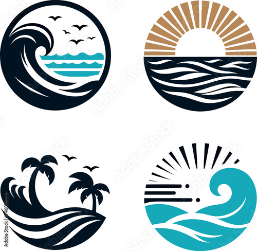 set of sea wave sunset logo icon silhouette symbols clipart, sunset logo concept