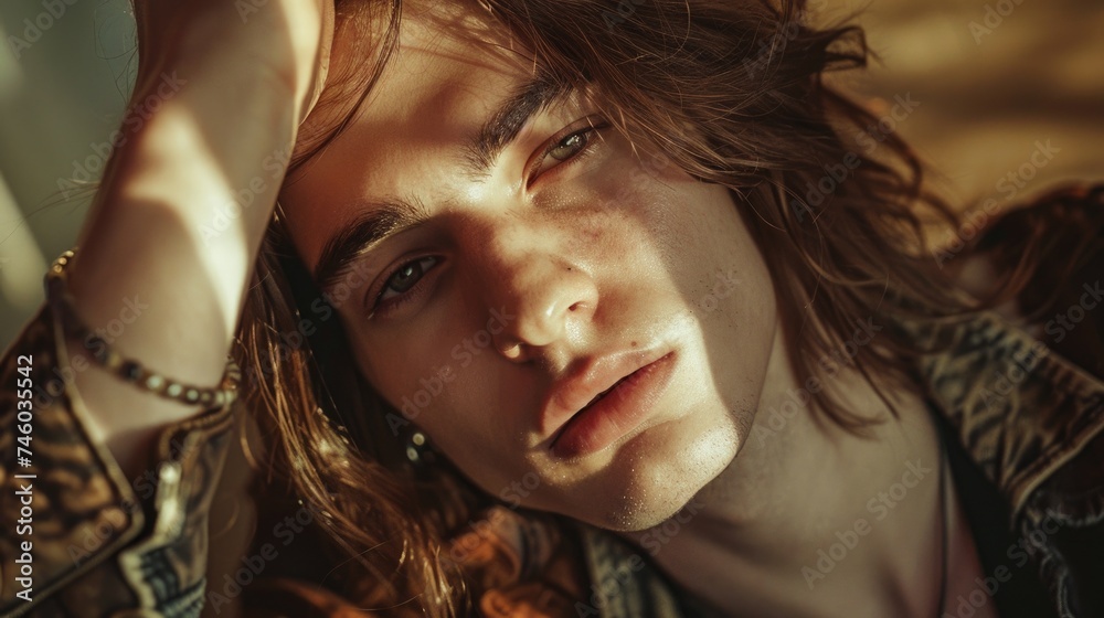 A close-up portrait of a young man with stylish long hair, queer man A close-up portrait of a young man with stylish long hair, queer man