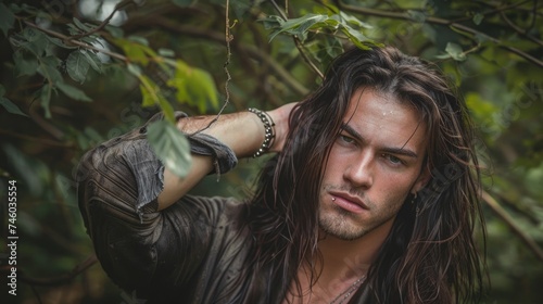 A close-up portrait of a young man with stylish long hair, queer man
