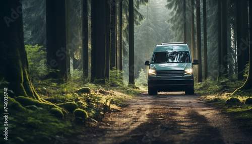Picturescue nord european forest rural road with a green touristic camper van bus going to the camp site. Romantic camp traveling concept, Mobile Living Captivating Home on wheels. photo