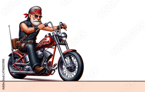 Cartoon character of a biker riding a motorcycle, isolated on white background, Old man enjoying a motorcycle ride on a vintage chopper, Man enjoying his sport hobby of motorcycle riding