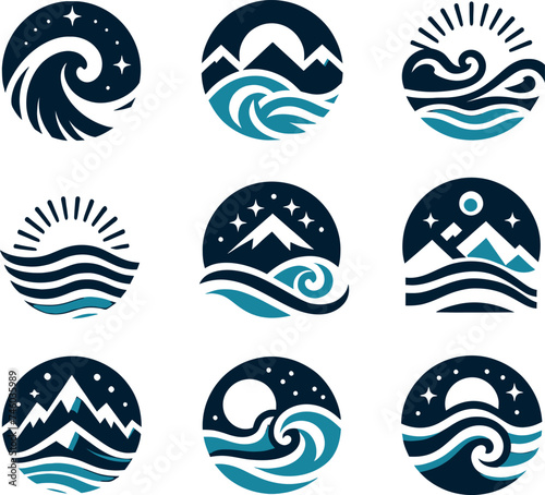 set of sea wave sunset logo icon silhouette symbols clipart, sunset logo concept