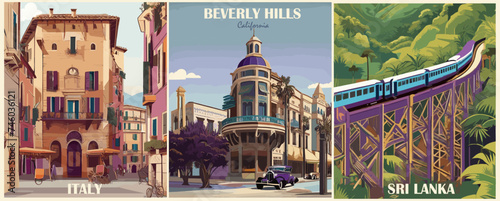 Set of Travel Destination Posters in retro style. Beverly Hills, California, USA, Sri Lanka, Italy prints. Exotic summer vacation, international holidays concept. Vintage vector colorful illustrations